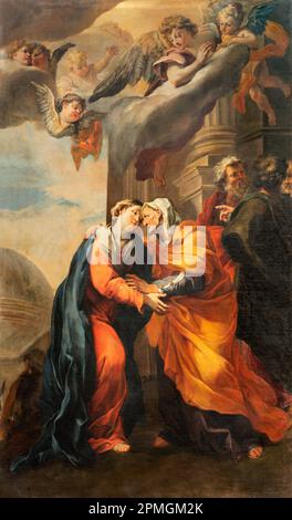 GENOVA, ITALY - MARCH 8, 2023: The painting of Visitation in the church Basilica della Santissima Annunziata del Vastato by Andrea Carlone. Stock Photo