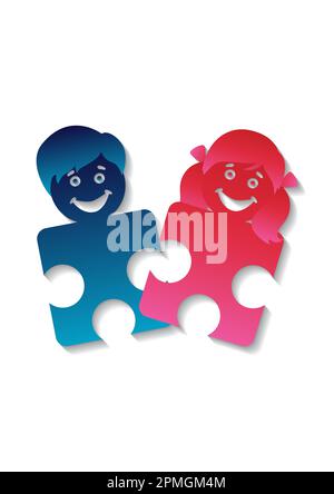 Puzzle pieces shaped children on white background Stock Vector