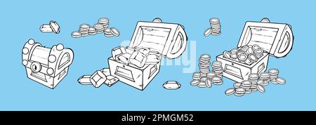 Treasure chest with coins and gem stones. Set of open and closed wooden trunks or chests with prescious stones and coins. Vector illustration isolated Stock Vector