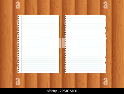 Realistic notebook papers isolated on wood background Stock Vector