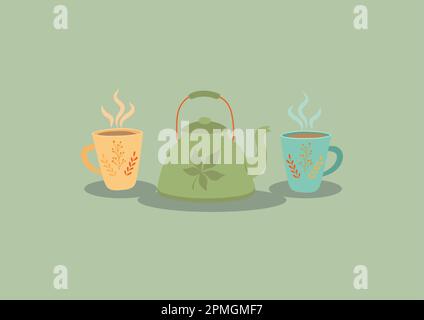 Teapot with two cups of hot tea in flat style Stock Vector