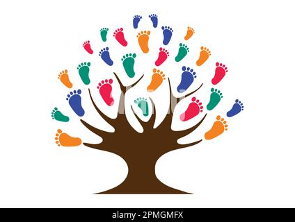 Tree with child footprints. Colorful kid footprints Stock Vector