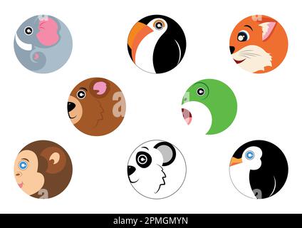 Set of round icon animals in flat mode. Monkey, Frog, Fox, elephant, Penguin, Bear Stock Vector