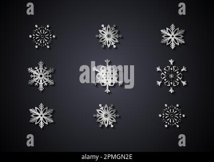 Silver snowflake collection isolated on black background Stock Vector