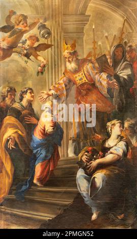 GENOVA, ITALY - MARCH 6, 2023: The painting of Presentation of Virgin Mary in the Temple in church  Basilica della Santissima Annunziata del Vastato Stock Photo