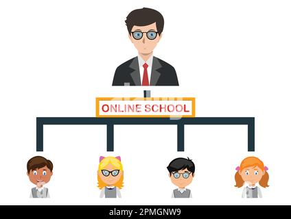 Online School. Pupils and Teacher studying online Stock Vector