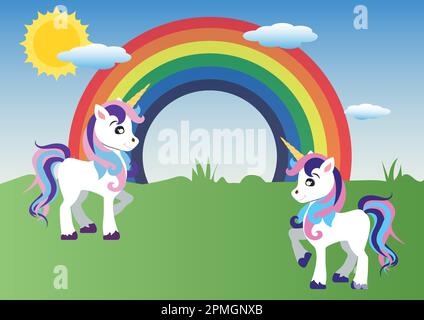 Two Unicorns. Rainbow, sun, blue sky. Vector unicorn Stock Vector