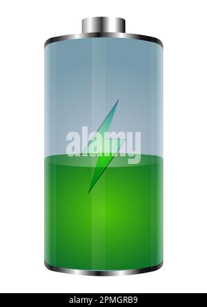 Vector Green battery, half charged. 3D realistic power battery illustration on white background Stock Vector