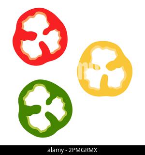 Sliced Pepper Red, Green And Yellow Flat Design Isolated On White Background Stock Vector