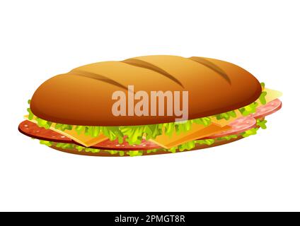 Vector illustration of salami sandwich on a white background. Bread, slices of salami, cheese and lettuce Stock Vector