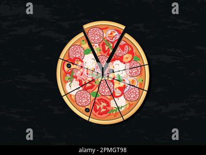 Vector illustration of sliced pizza isolated on black background Stock Vector