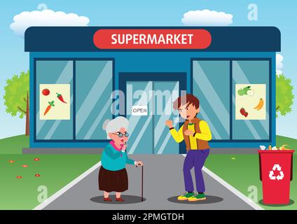 The rude behavior of a boy towards an old woman in front of a Supermarket Stock Vector