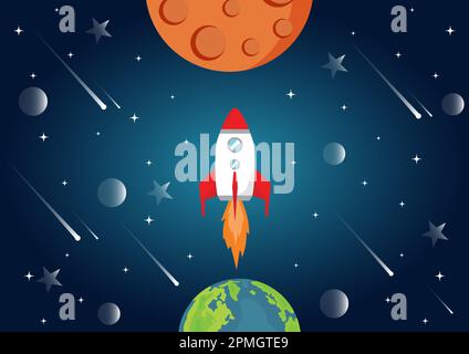 Vector Illustration of Space, Spaceship, Planet Earth, Moon Stock Vector