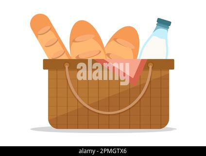Vector basket with bread and milk bottle isolated on a white background Stock Vector