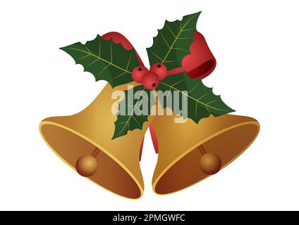 Vector illustration of golden metallic bell with red bow. Beautiful Christmas bell Stock Vector