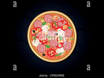 Vector illustration of round tasty pizza isolated on black background Stock Vector