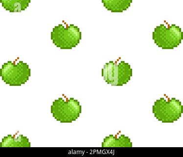 Pixel green apple seamless pattern. 8 bit apple fruit texture cartoon. Retro video-game style vector illustration Stock Vector
