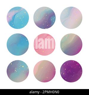 Set of highlights stories cover icon for social media in purple, pink, blue and gold colors. Watercolor night starry sky, nebula, Milky Way, galaxy Stock Vector