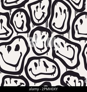 Groovy smile seamless pattern in Urban street art style. Black and white street print. Graphic underground unisex design for t-shirts. Hipster retrowave with 90s style. Psychedelic rave background. Stock Vector