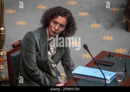 Brussels, Belgium. 13th Apr, 2023. Foreign minister Hadja Lahbib pictured during a plenary session of the Chamber at the Federal Parliament in Brussels on Thursday 13 April 2023. BELGA PHOTO NICOLAS MAETERLINCK Credit: Belga News Agency/Alamy Live News Stock Photo