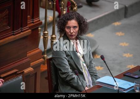 Brussels, Belgium. 13th Apr, 2023. Foreign minister Hadja Lahbib pictured during a plenary session of the Chamber at the Federal Parliament in Brussels on Thursday 13 April 2023. BELGA PHOTO NICOLAS MAETERLINCK Credit: Belga News Agency/Alamy Live News Stock Photo