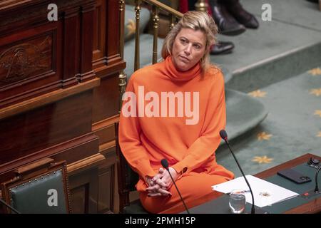 Brussels, Belgium. 13th Apr, 2023. Interior Minister Annelies Verlinden pictured during a plenary session of the Chamber at the Federal Parliament in Brussels on Thursday 13 April 2023. BELGA PHOTO NICOLAS MAETERLINCK Credit: Belga News Agency/Alamy Live News Stock Photo