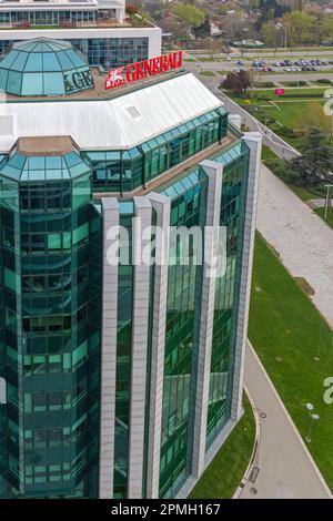 Belgrade, Serbia - April 09, 2023: Assicurazioni Generali Insurance Building Modern Office Tower With Green Windows. Stock Photo