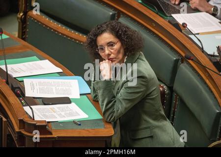 Brussels, Belgium. 13th Apr, 2023. Foreign minister Hadja Lahbib pictured during a plenary session of the Chamber at the Federal Parliament in Brussels on Thursday 13 April 2023. BELGA PHOTO NICOLAS MAETERLINCK Credit: Belga News Agency/Alamy Live News Stock Photo