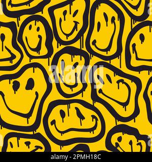 Groovy smile seamless pattern in Urban street art style on yellow background. Graphic underground unisex design for t-shirts. Hipster retrowave with 90s style. Psychedelic rave background. Stock Vector
