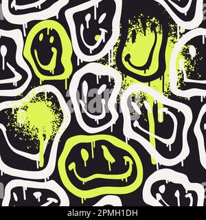 Groovy smile seamless pattern in Urban street art style on black background. Graphic underground unisex design for t-shirts. Hipster retrowave with 90s style. Psychedelic rave background. Neon colors. Stock Vector