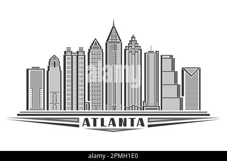 Vector illustration of Atlanta, monochrome horizontal card with linear design atlanta city scape, american urban line art concept with decorative lett Stock Vector