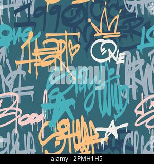 Urban typography seamless pattern with street art graffiti slogan print. Abstract graphic underground unisex design for t-shirts and sweatshirt for teenagers. Green Blue color palette. Stock Vector