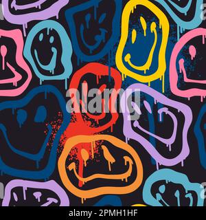 Groovy smile seamless pattern in Urban street art style on black background. Graphic underground unisex design for t-shirts. Hipster retrowave with 90s style. Psychedelic rave background. Neon colors. Stock Vector