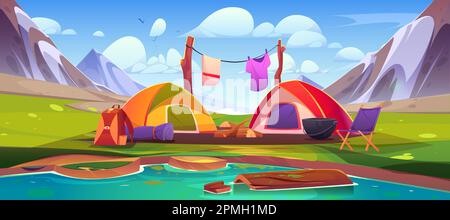 Mountain camp with tents and campfire near lake. Vector cartoon illustration of beautiful rocky landscape under blue summer sky. Travel backpacks, mat, picnic equipment on river bank. Weekend travel Stock Vector