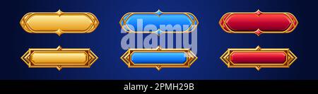 Cartoon set of medieval game buttons in golden frame isolated on background. Vector illustration of rectangular rank frame, luxury nameplate, vintage bar. Yellow, blue, red gui design elements Stock Vector