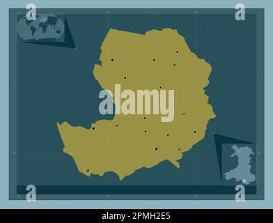 Bridgend, region of Wales - Great Britain. Solid color shape. Locations of major cities of the region. Corner auxiliary location maps Stock Photo