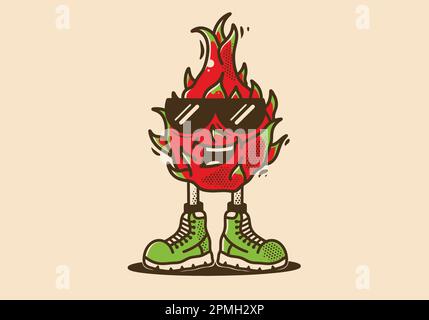 Mascot character illustration design of a dragon fruit with smiling face and wearing boots shoes Stock Vector