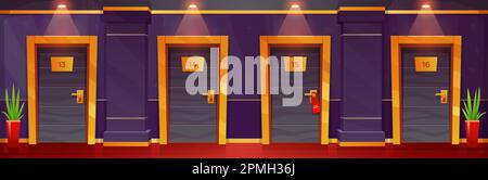 Hotel hallway corridor with apartment room door in building. Lobby interior with closed bedroom with lamp and light in motel aisle. Hostel or condominium illustration. Modern college campus design Stock Vector