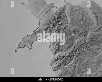 Gwynedd, region of Wales - Great Britain. Grayscale elevation map with lakes and rivers Stock Photo