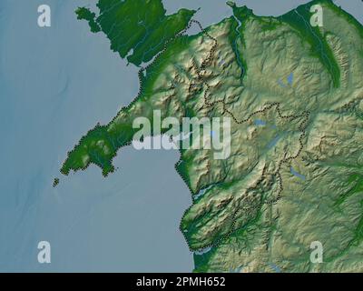 Gwynedd, region of Wales - Great Britain. Colored elevation map with lakes and rivers Stock Photo