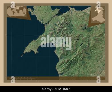 Gwynedd, region of Wales - Great Britain. Low resolution satellite map. Corner auxiliary location maps Stock Photo