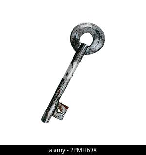 Rusty retro style metal silver key isolated on white background. Watercolor  hand draw realistic metal object illustration. Art for design poster, bann  Stock Photo - Alamy