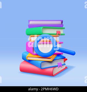 3D Stack of Closed Books with Magnifying Glass Stock Vector