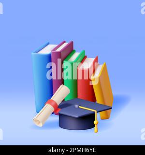 3D Graduation Cap with Diploma and Pile of Books Isolated. Render ...