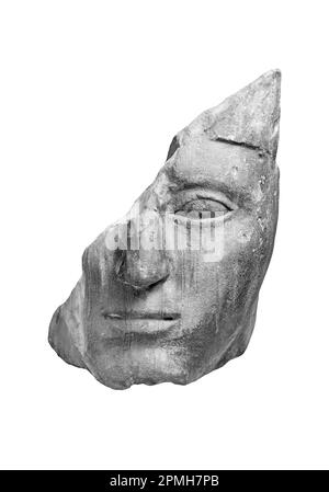 Antique broken stone head of a Greek man. Close up isolated ancient art object Stock Photo