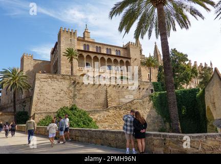 Palma de Mallorca, Spain -30 March, 2023. View on the famous tourist attraction Royal palace Palau de La Almudaina in Palma de Majorca, Stock Photo