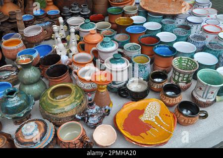 A variety of pottery made by folk craftsmen from clay. Stock Photo