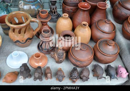 A variety of pottery made by folk craftsmen from clay. Stock Photo