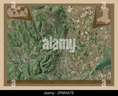 Torfaen, region of Wales - Great Britain. Low resolution satellite map. Corner auxiliary location maps Stock Photo