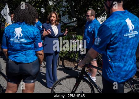 Washington, United States. 13th Apr, 2023. US Vice President Kamala Harris talks with Wounded Warriors during the annual Soldier Ride on the South Lawn of the White House in Washington, DC, USA, 13 April 2023. The annual Soldier Ride recognizes the service, sacrifice and recovery journey for wounded, ill, and injured service members and veterans. Credit: Sipa USA/Alamy Live News Stock Photo